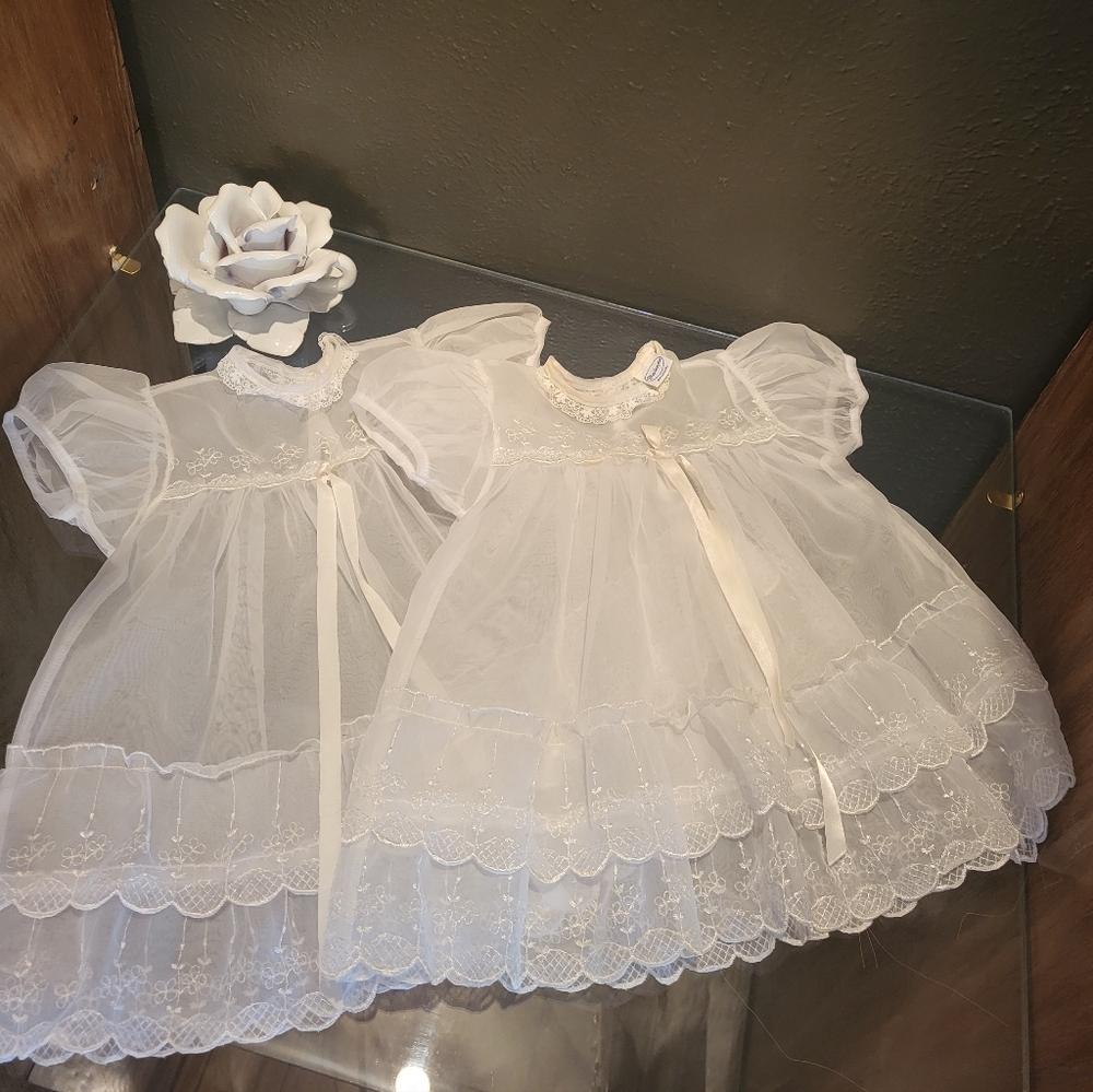 2 Matching Madonna Original Sheer Lace Christening Dresses 0-6 Months